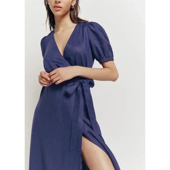 NWT Reformation Weiss Linen Wrap Midi Dress Danube Blue Women's Size XL - Picture 2 of 11
